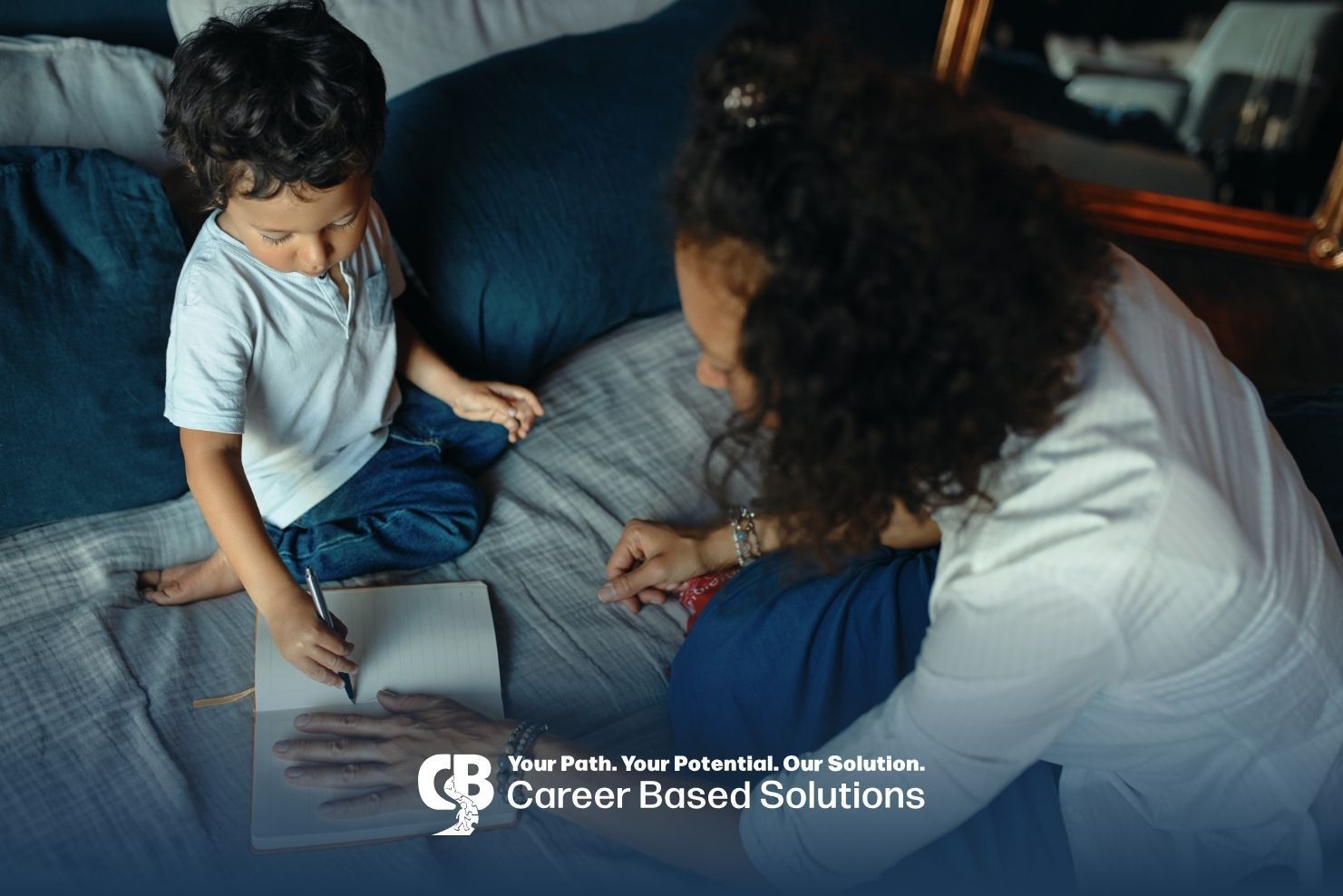 Therapist guides autistic child with caregiver at home, fostering growth through learning support.