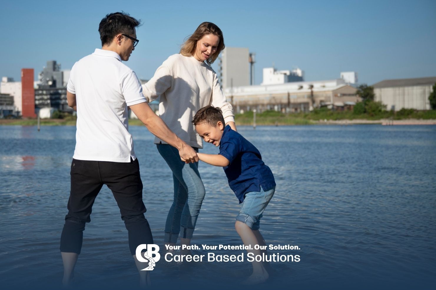 Family practices water safety together in Virginia, supervising their autistic child in shallow play