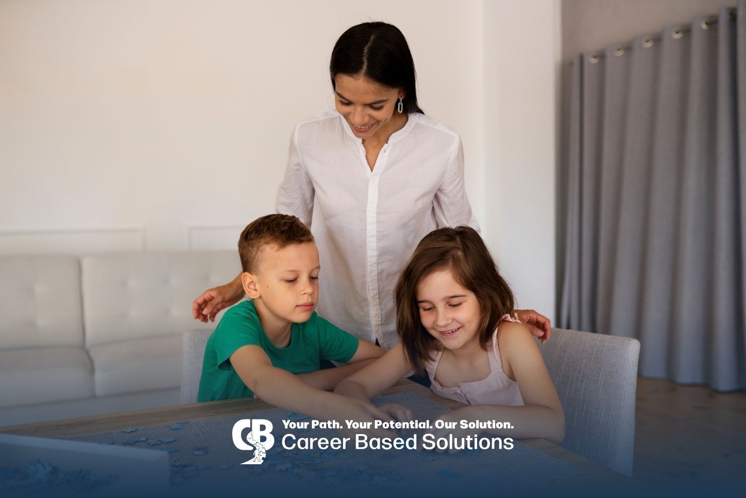 Autistic kids working together on a puzzle activity with a therapist providing support during an ABA