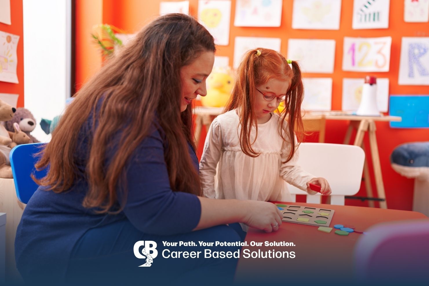 Autistic girl practices learning with therapist during ABA in a bright, colorful classroom setting.