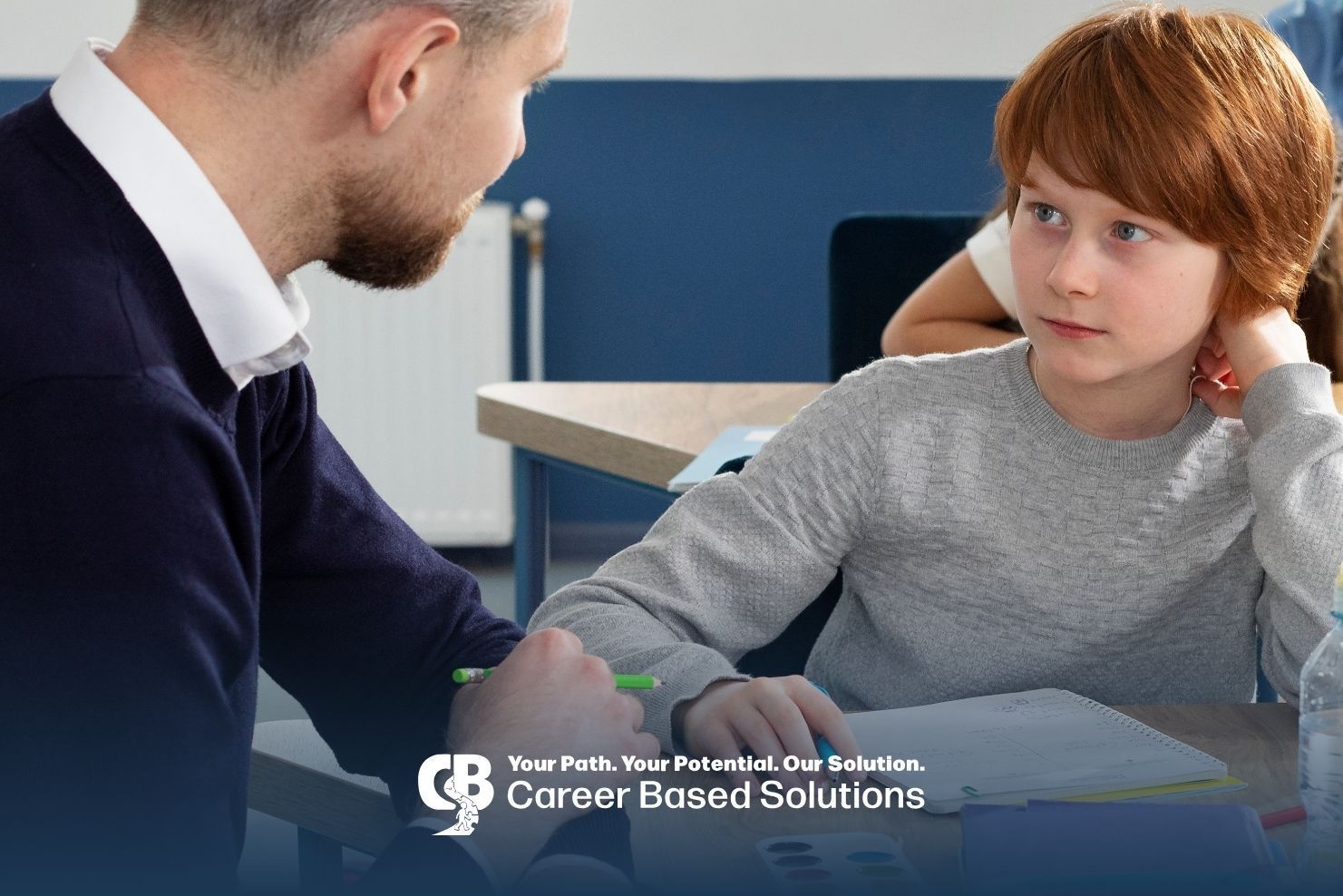 Therapist & autistic kid meeting with an educator to discuss school planning & learning activities
