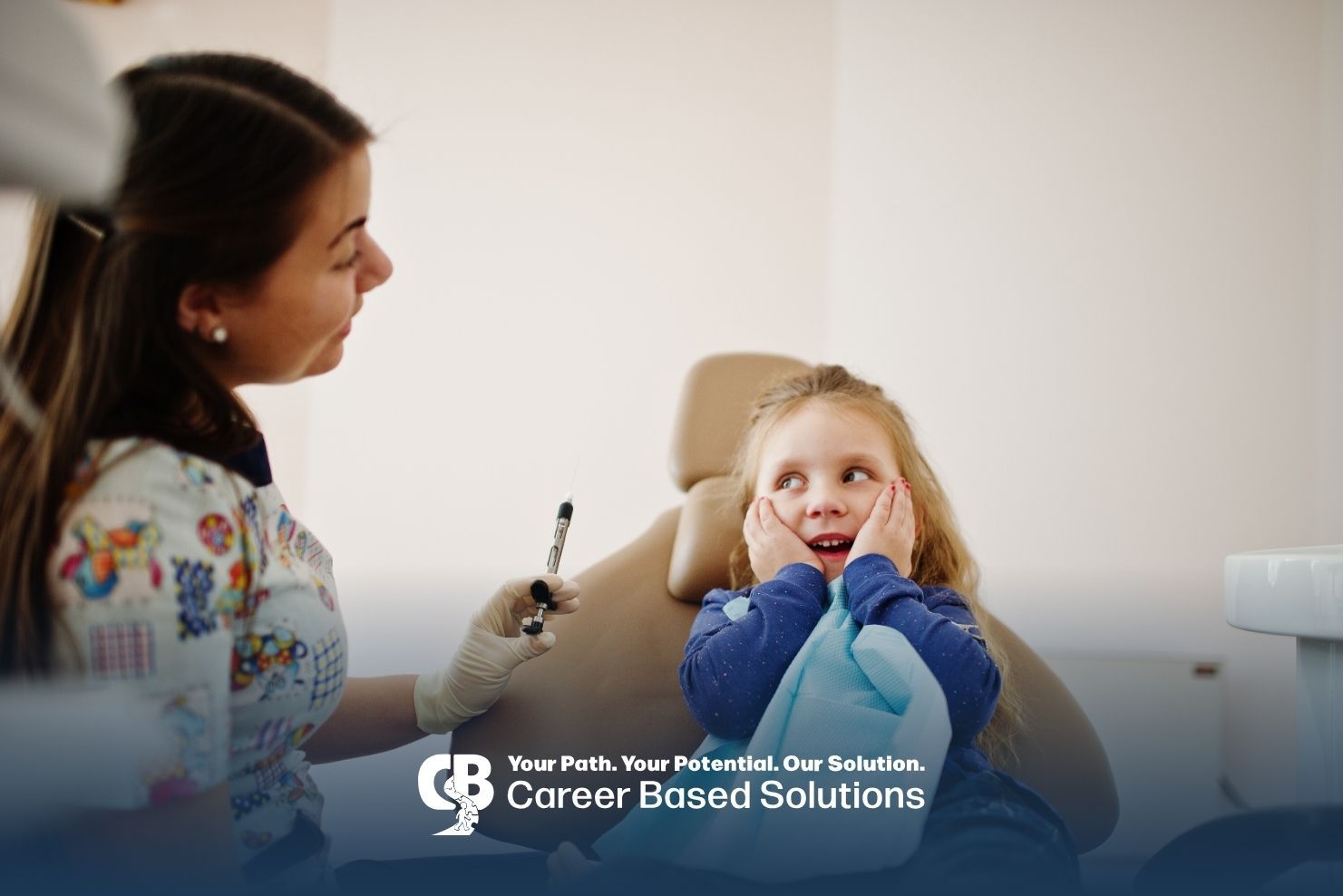 Autistic child sits in dental chair as dentist prepares for a calm, supportive visit experience.