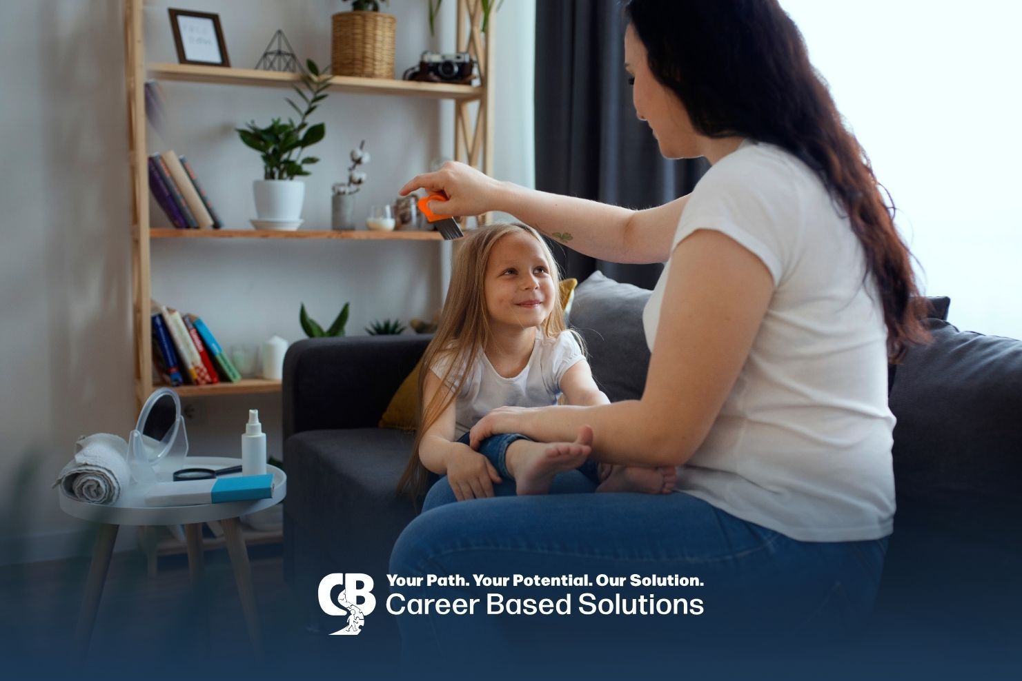 Therapist brushes autistic child’s hair in calm self‑care, strengthening family bonds at home.