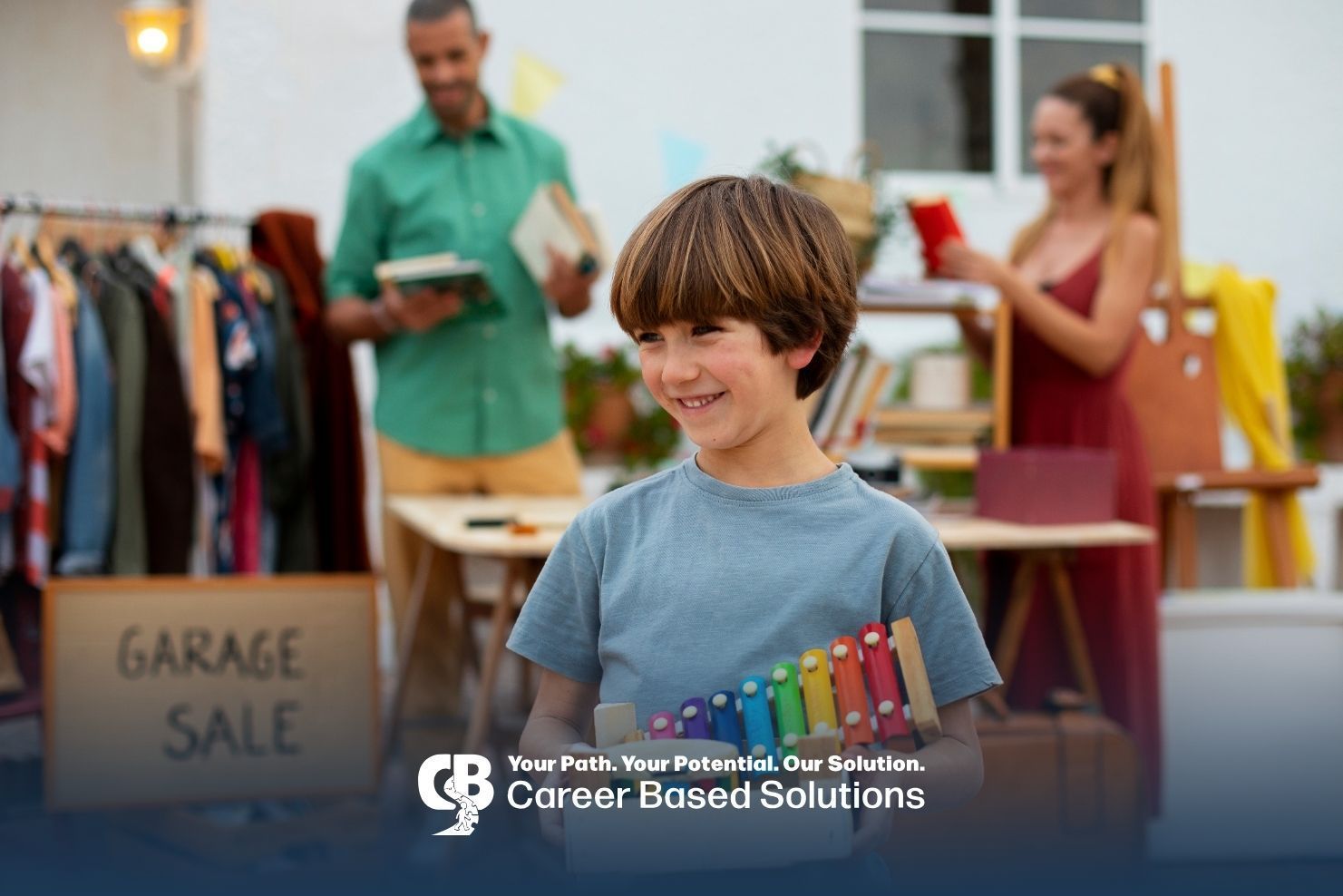 Autistic boy exploring sensory-friendly school supplies and clothing options during shopping