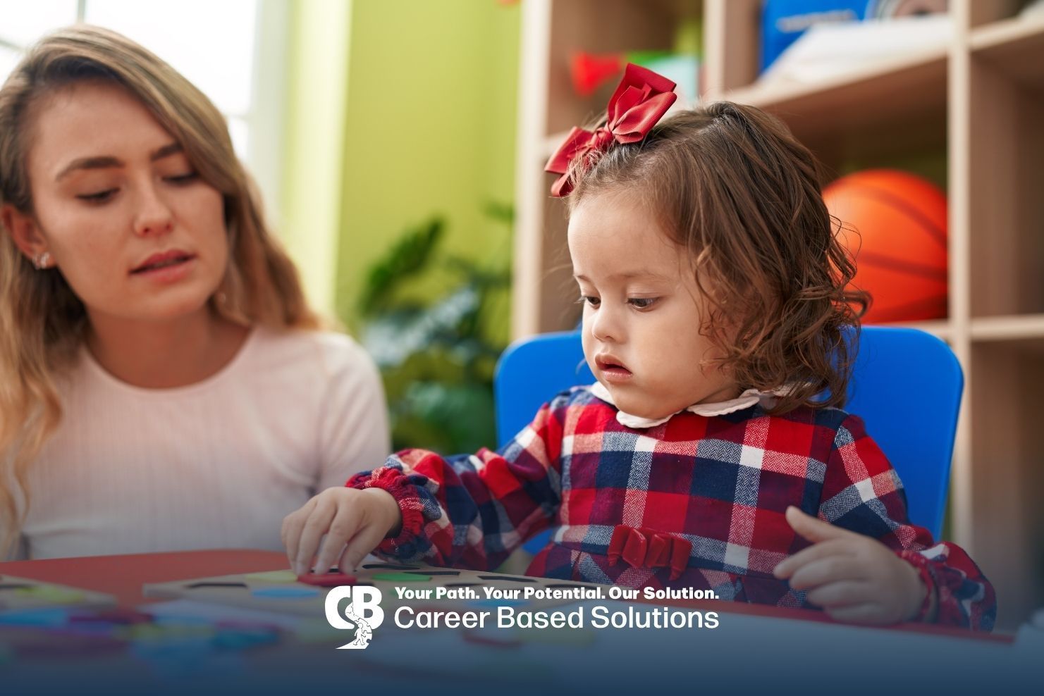 Autistic child in structured learning with therapist, building skills and regulating emotions.