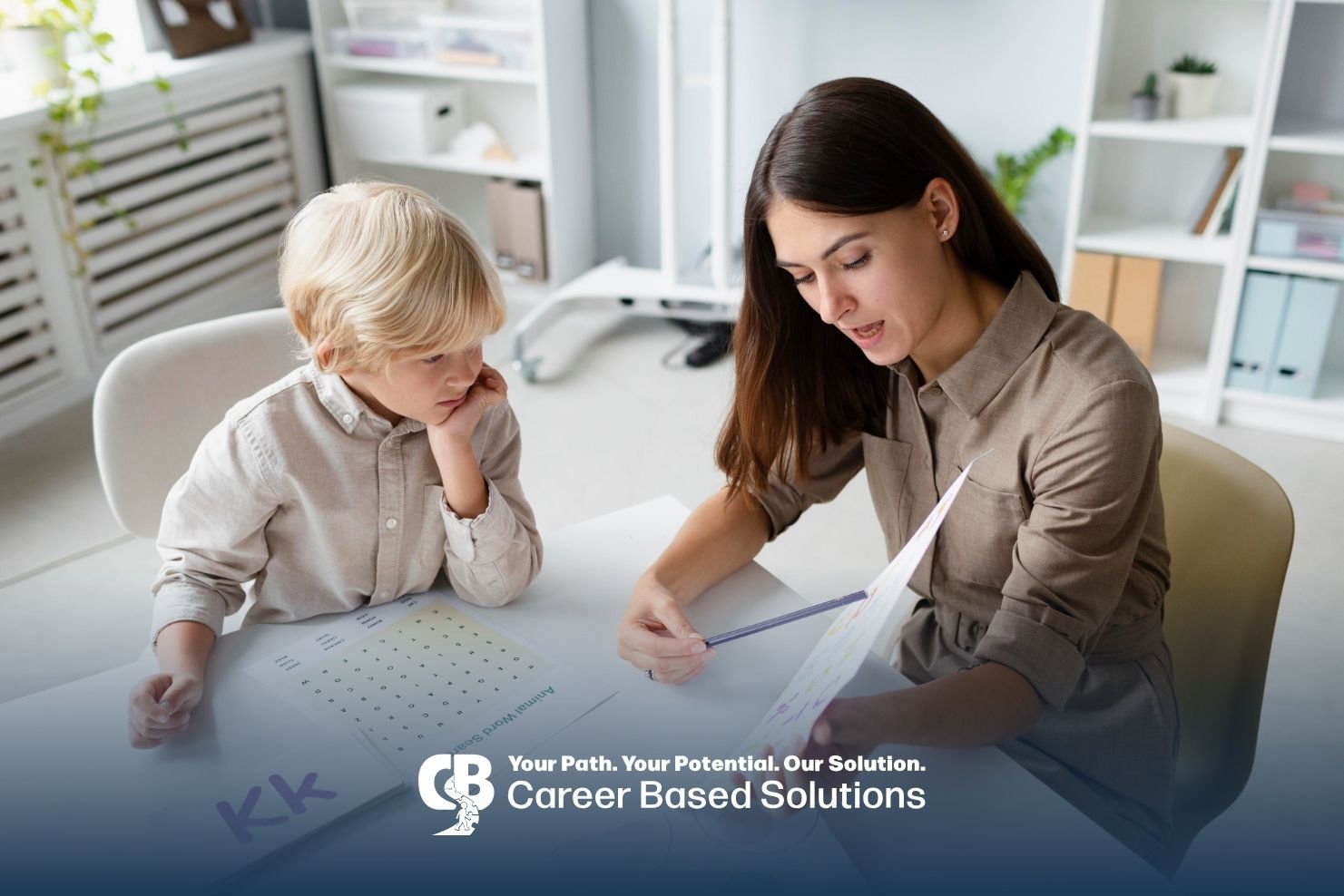 A Therapist reviews learning materials with autistic kid, explaining ABA therapy treatment goals 
