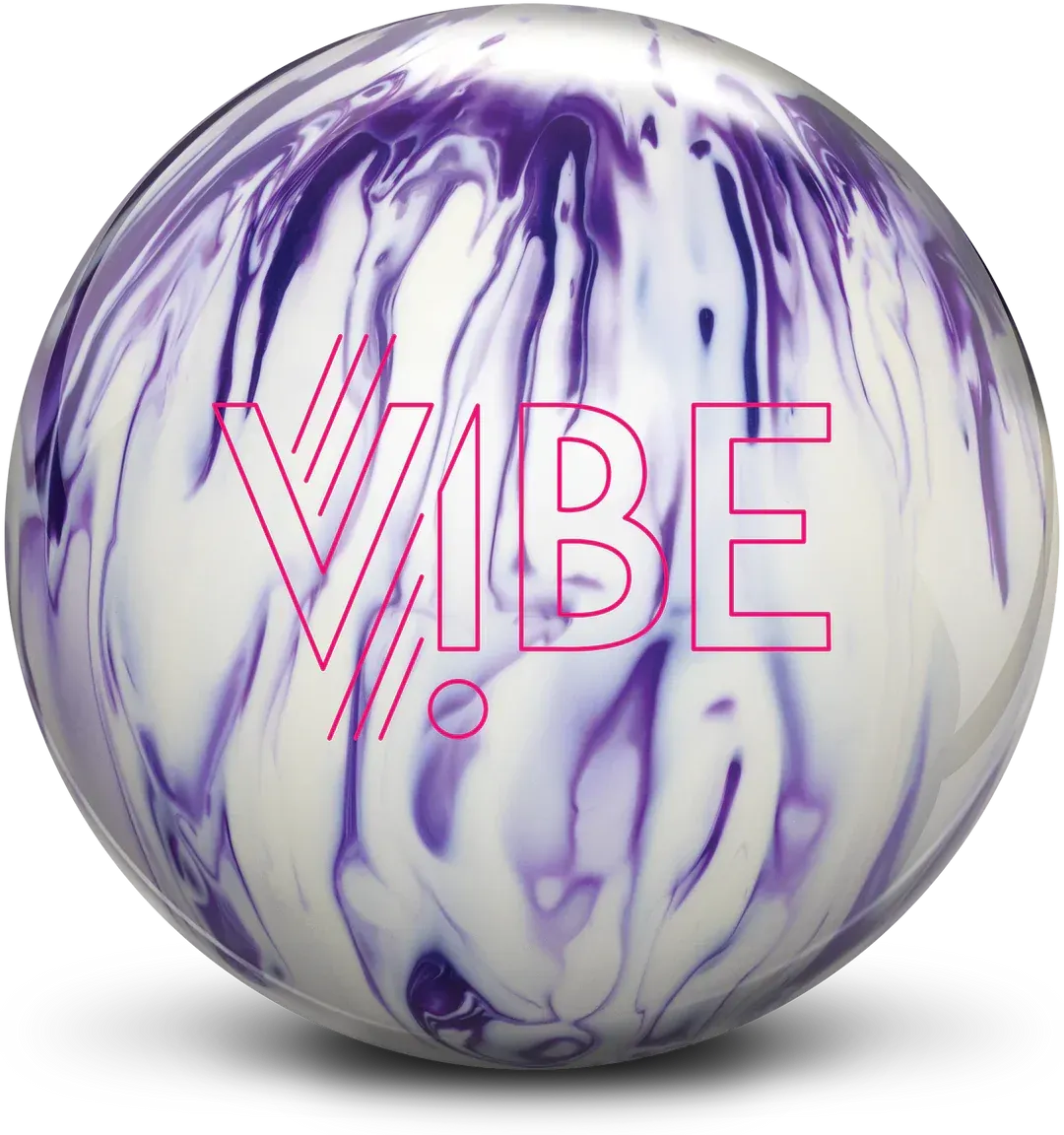 Purple-and-white marble bowling ball with pink “VIBE” text