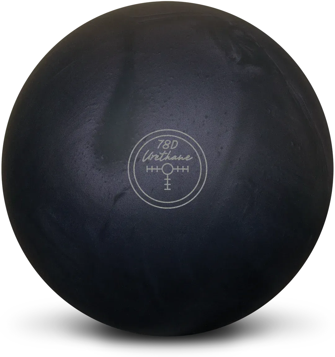 Black bowling ball with a small white logo on a white background