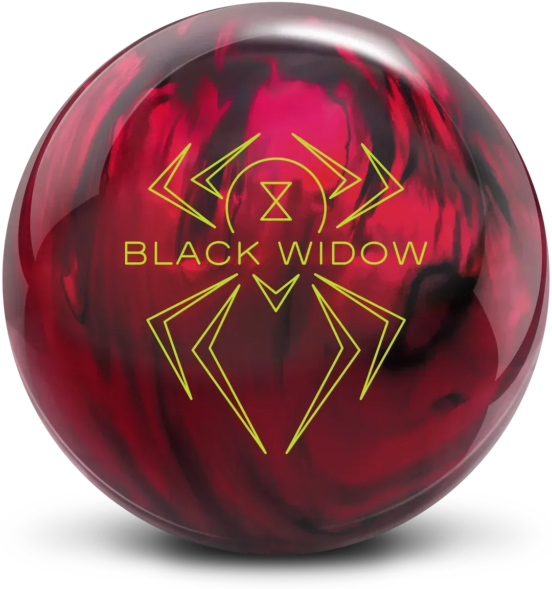 Black bowling ball with orange swirls and a glowing spider logo labeled “BLACK WIDOW”