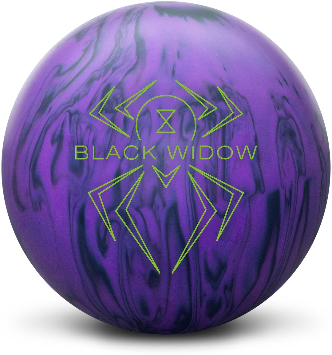 Purple and black bowling ball with a neon green spider logo and the words “Black Widow”
