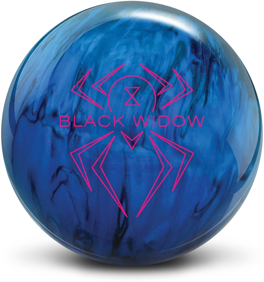 Blue bowling ball with a pink black widow spider logo and text.