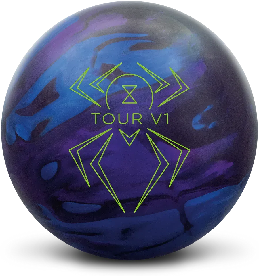 Purple and blue bowling ball with lime green spider logo and “TOUR V1” text