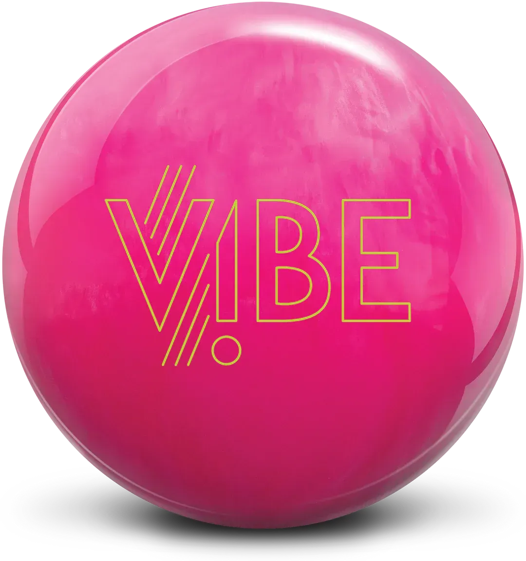 Bright pink VIBE ball with yellow outlined text on a white background