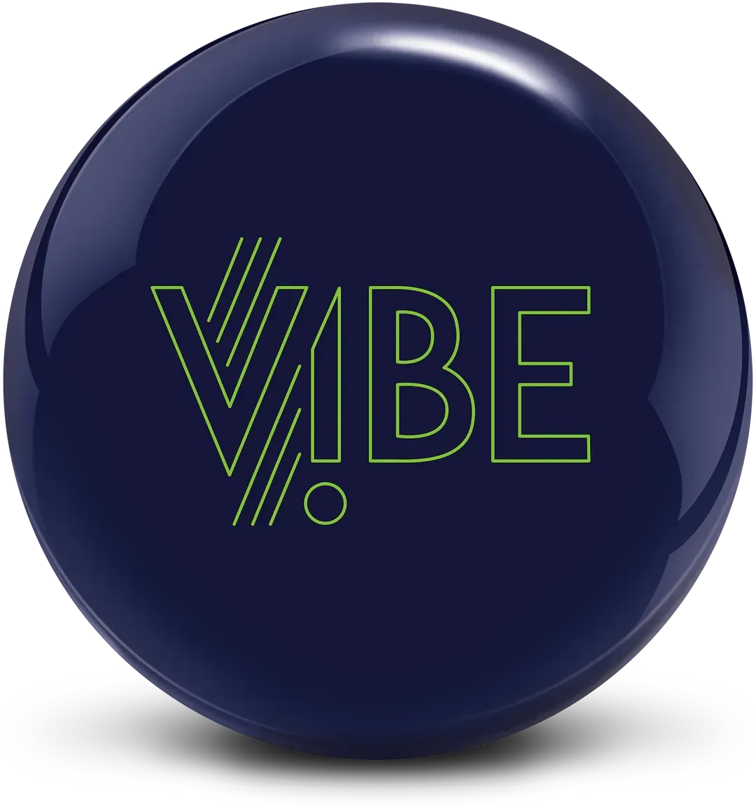 Dark blue glossy sphere with neon green “VIBE” text logo on it