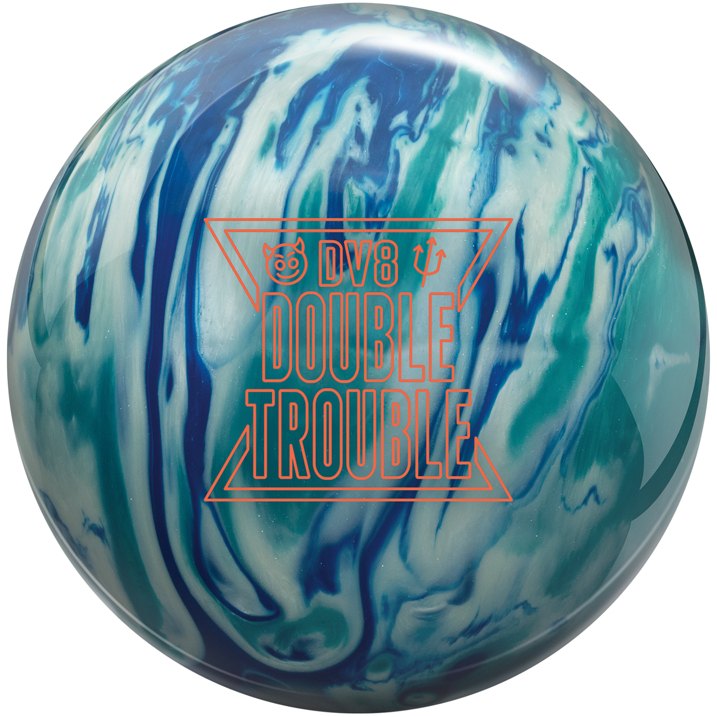 Blue and white marbled bowling ball with red “DV8 DOUBLE TROUBLE” logo