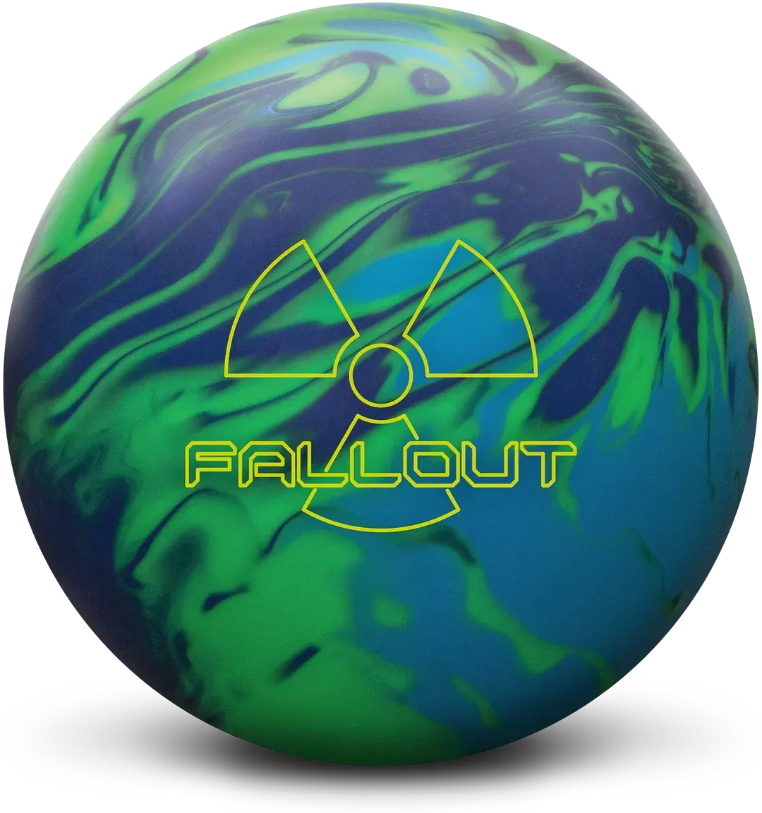 Green and blue swirled ball with a yellow Fallout radioactive logo and text