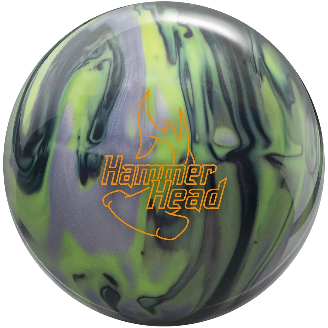 Gray and neon green swirled Hammer Head bowling ball with orange logo