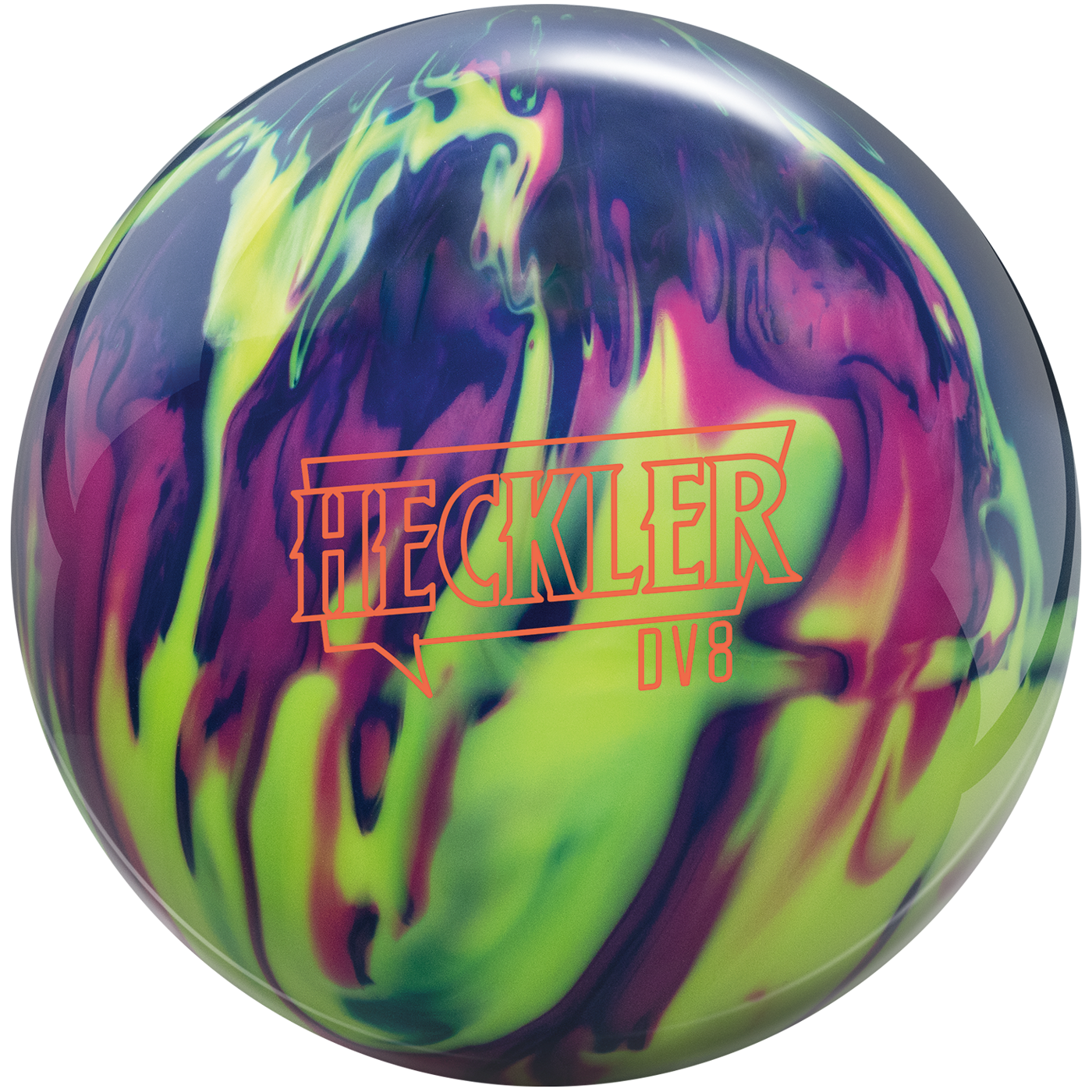 Colorful bowling ball with swirled green, purple, pink, and blue pattern and “Eckler” logo