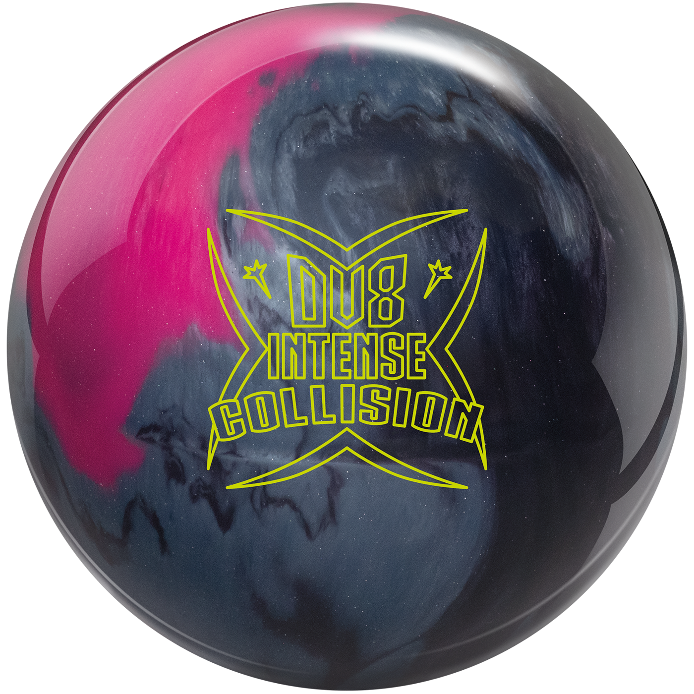 Pink, black, and silver bowling ball with yellow “DW8 Intense Collision” logo.
