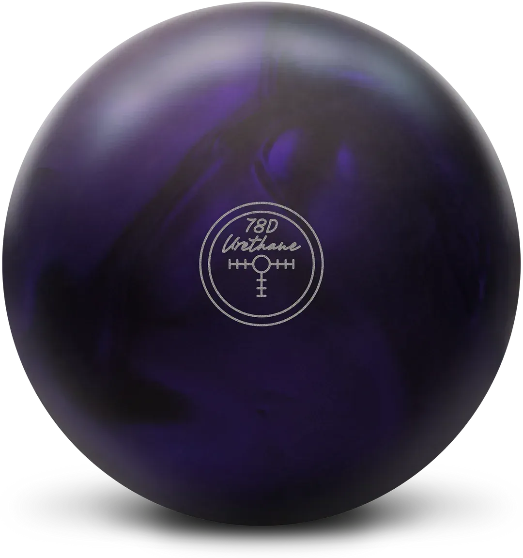 Dark purple bowling ball with a small white logo in the center