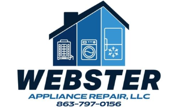 Logo for Webster Appliance Repair, LLC, featuring a blue house outline with appliance icons.