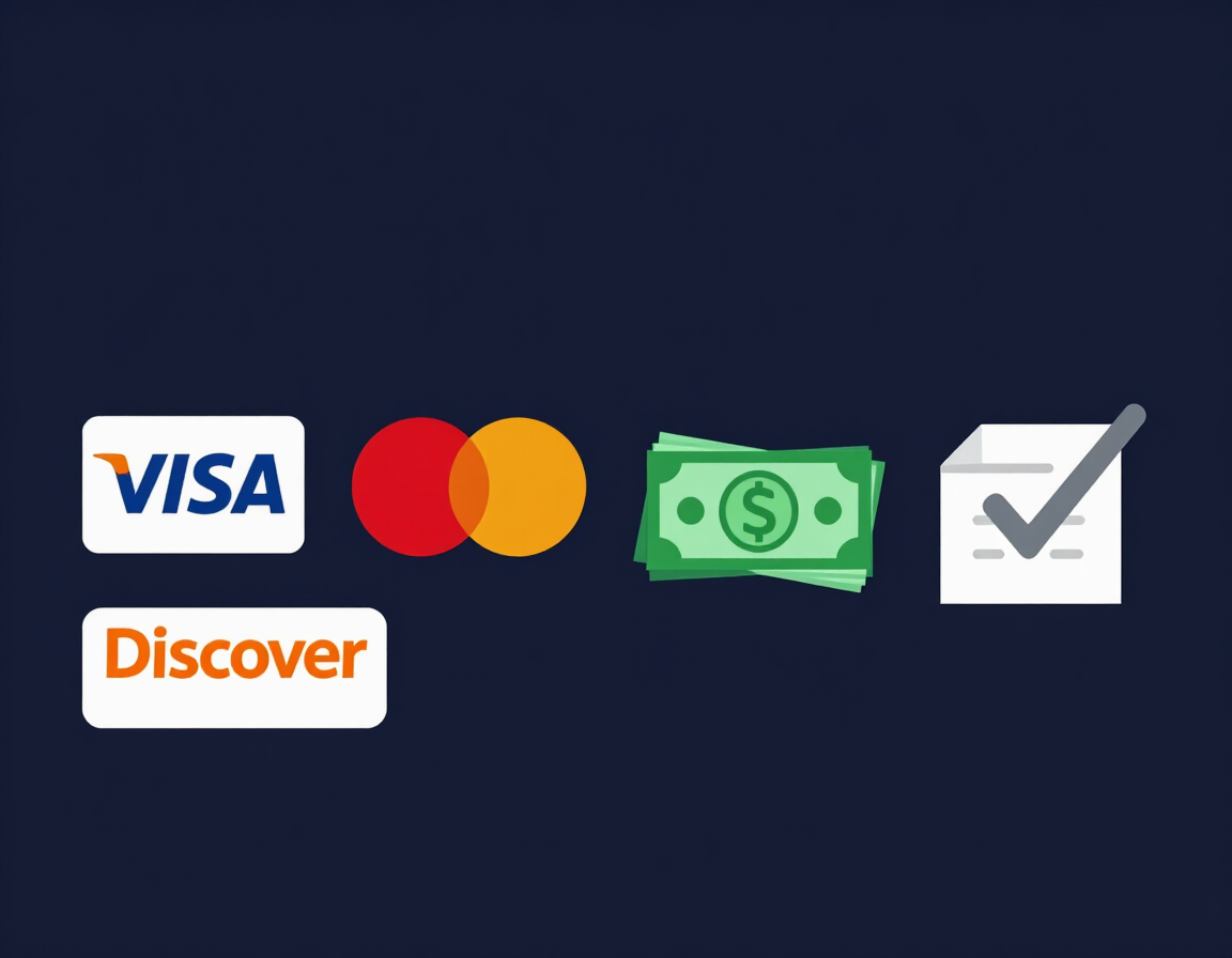 Accepted payment methods: Visa, Mastercard, Discover, cash, check