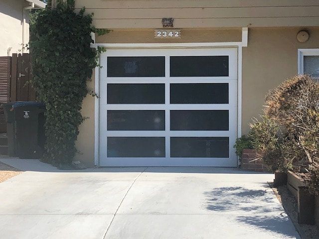 Modern garage-style front entrance with white-and-black door, flanked by plants and a driveway