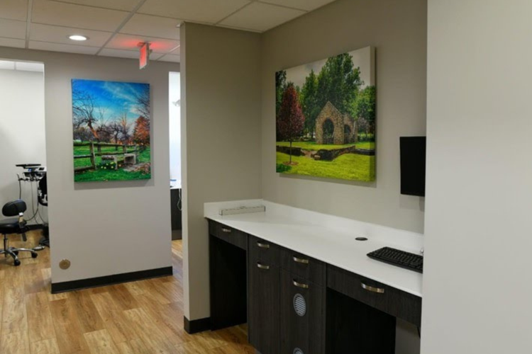 A dental office with a painting on the wall above a desk.