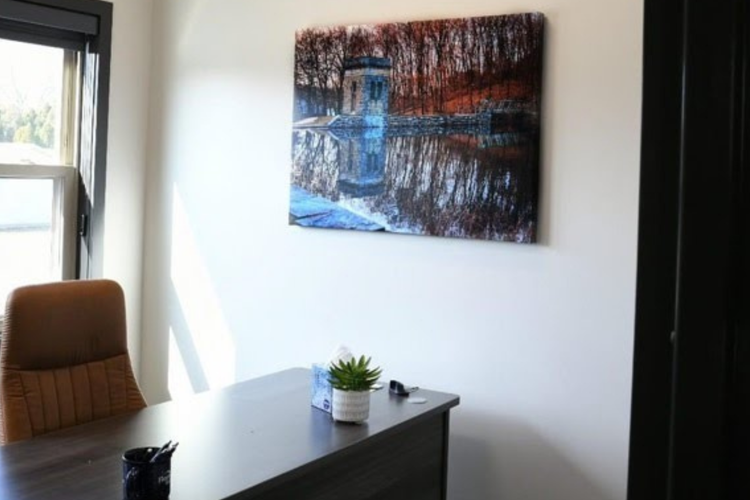 There is a painting on the wall above the desk.