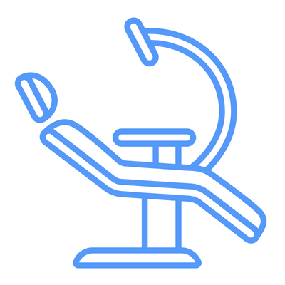 A blue line drawing of a dental chair with a microscope attached to it.