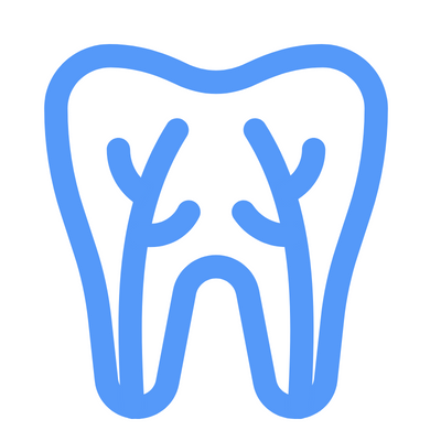 A blue icon of a tooth with veins coming out of it.