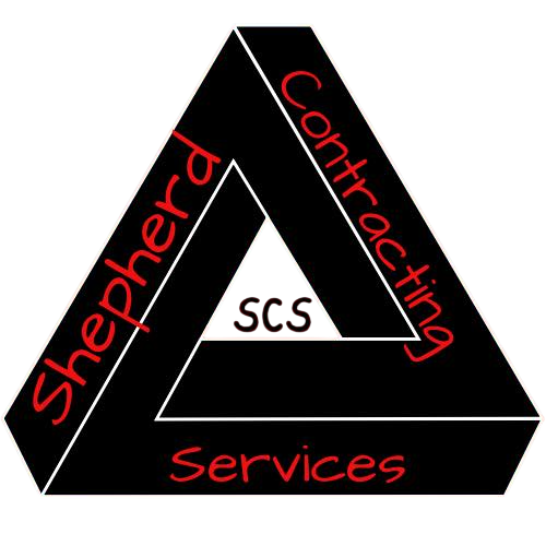 A black impossible triangle logo with the red text "Shepherd Contracting Services" and the letters "SCS" in the center.