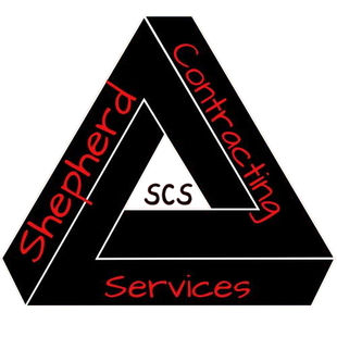 A black impossible triangle logo with the red text "Shepherd Contracting Services" and the letters "SCS" in the center.