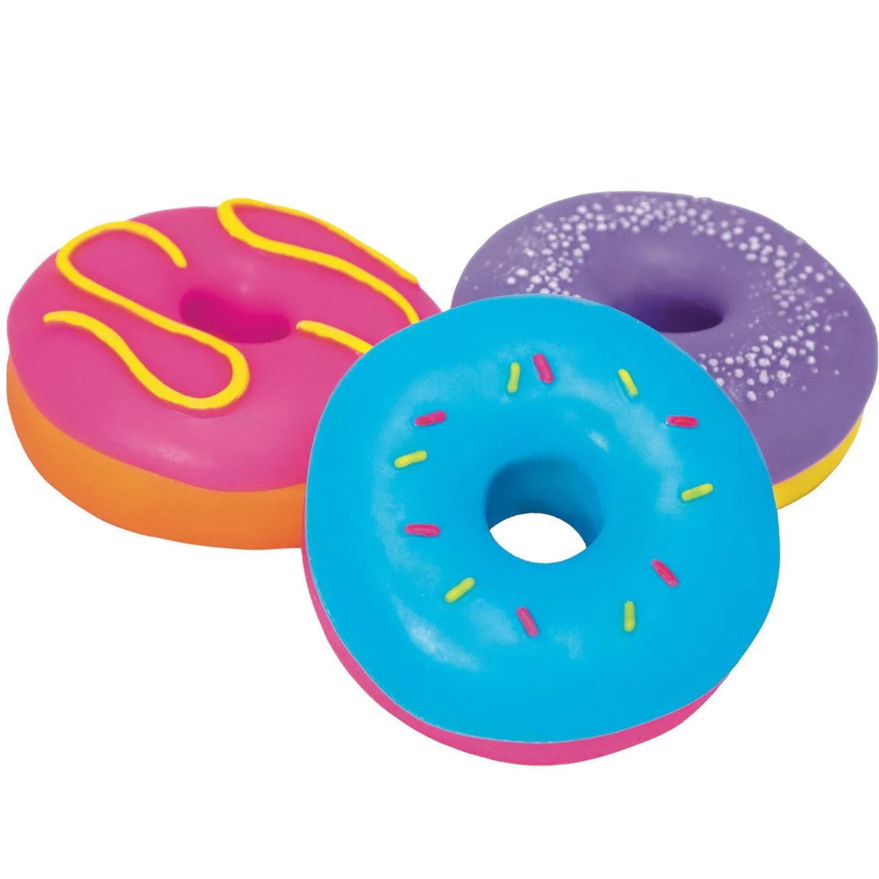 Three different colored donuts with sprinkles on them