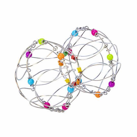 A pair of wire rings with colorful beads on them on a white background.