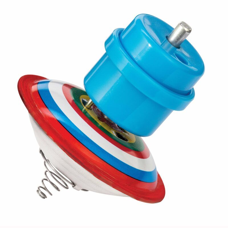 A red white and blue spinning top with a spring