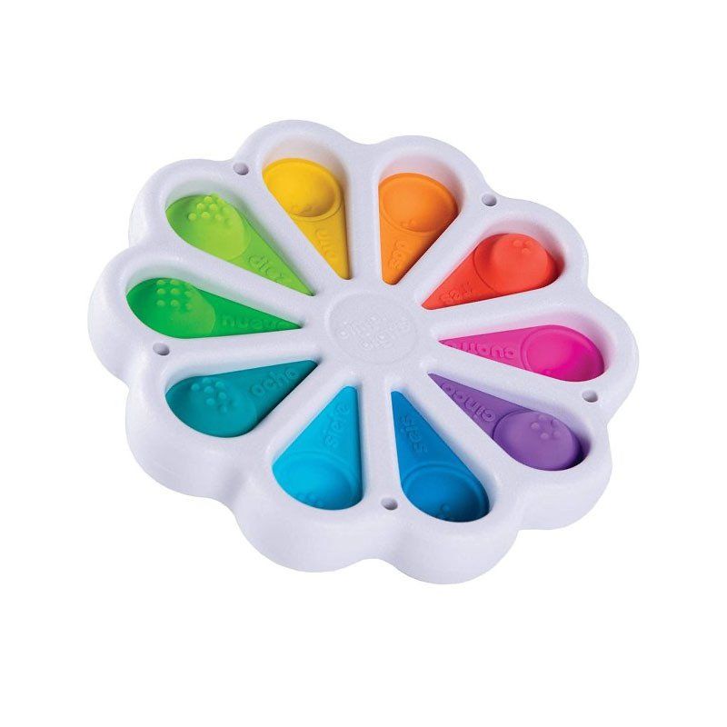 A flower shaped fidget toy with a rainbow of colors