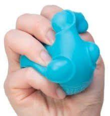 A person is holding a blue ball in their hand.