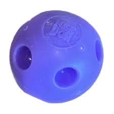 A blue ball with three holes in it on a white background.