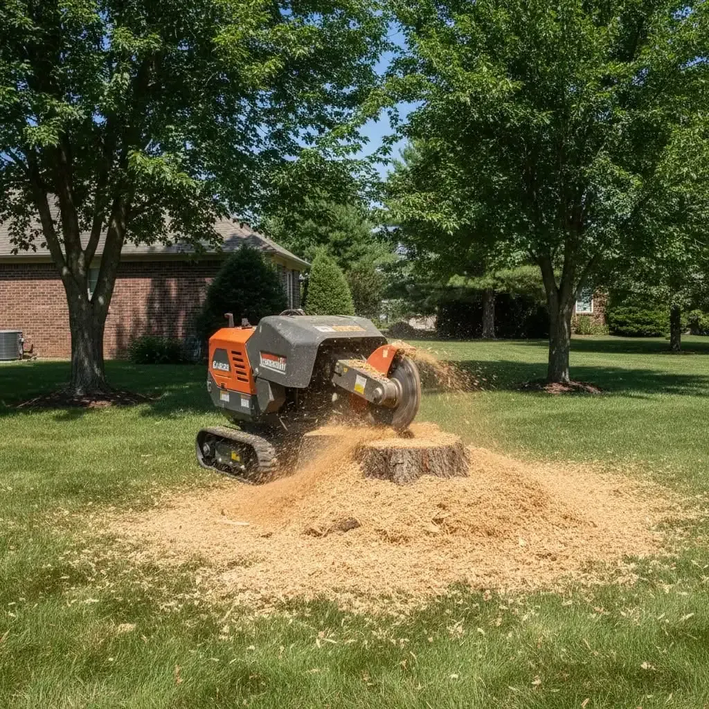 Professional stump grinder removing a tree stump from a residential lawn in Centennial, CO Professional stump grinder removing a tree stump from a residential lawn in Centennial, CO