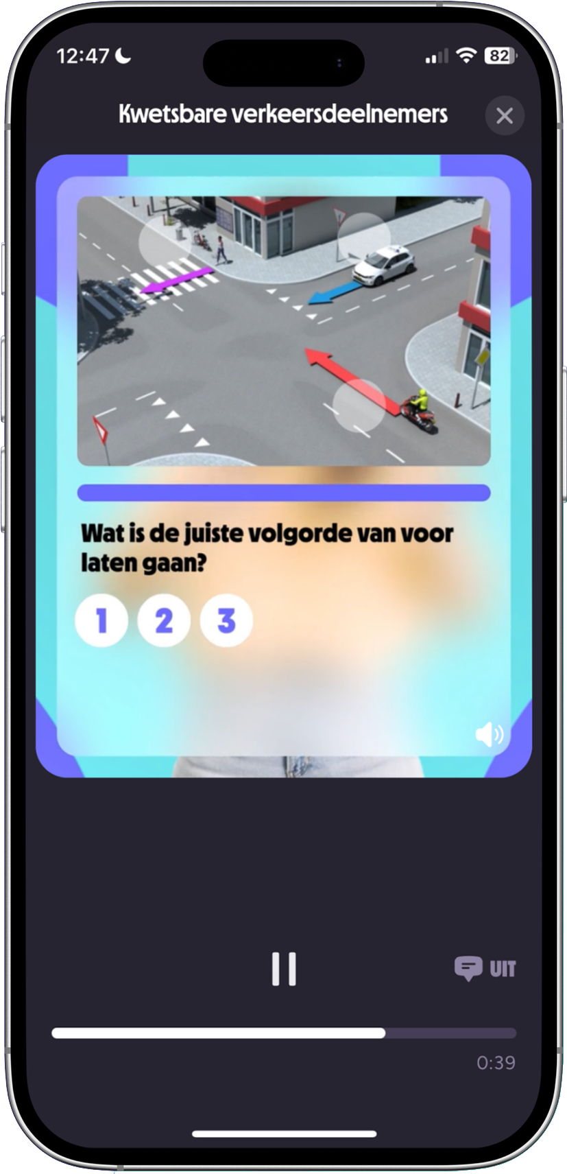 Phone screen showing a game ad with the question “Wat is de juiste volgorde van voor laten gaan?” and 1-2-3 buttons.