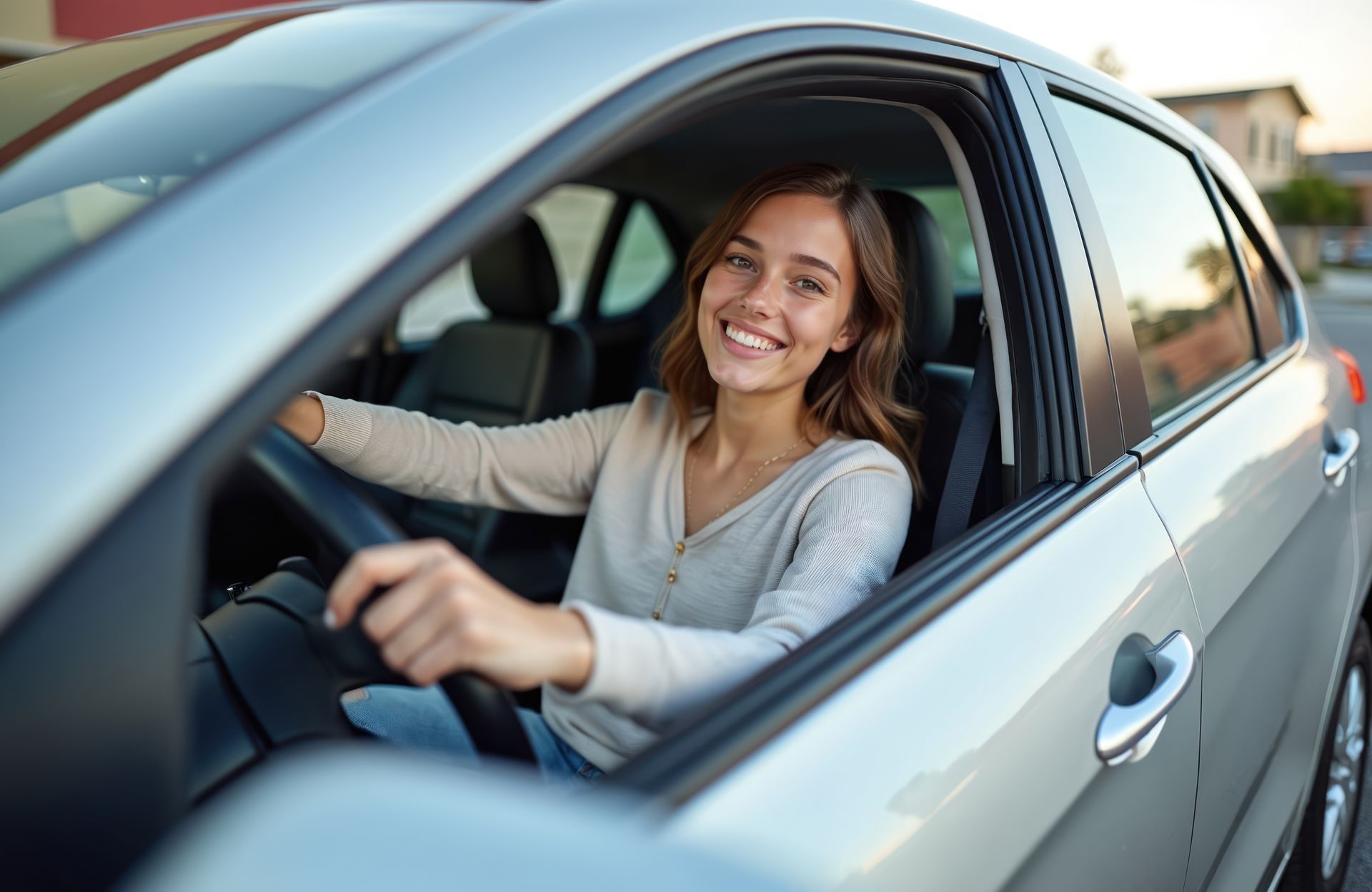 Een lachende bestuurder in een zilverkleurige auto, met zijn handen aan het stuur, zittend op de bestuurdersstoel.