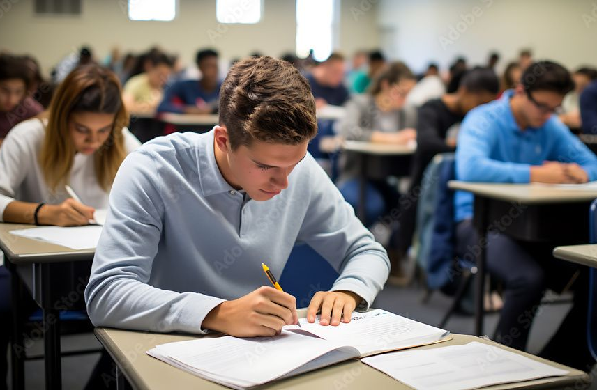 Een student schrijft in een examenlokaal, terwijl anderen op de achtergrond aan bureaus zitten.
