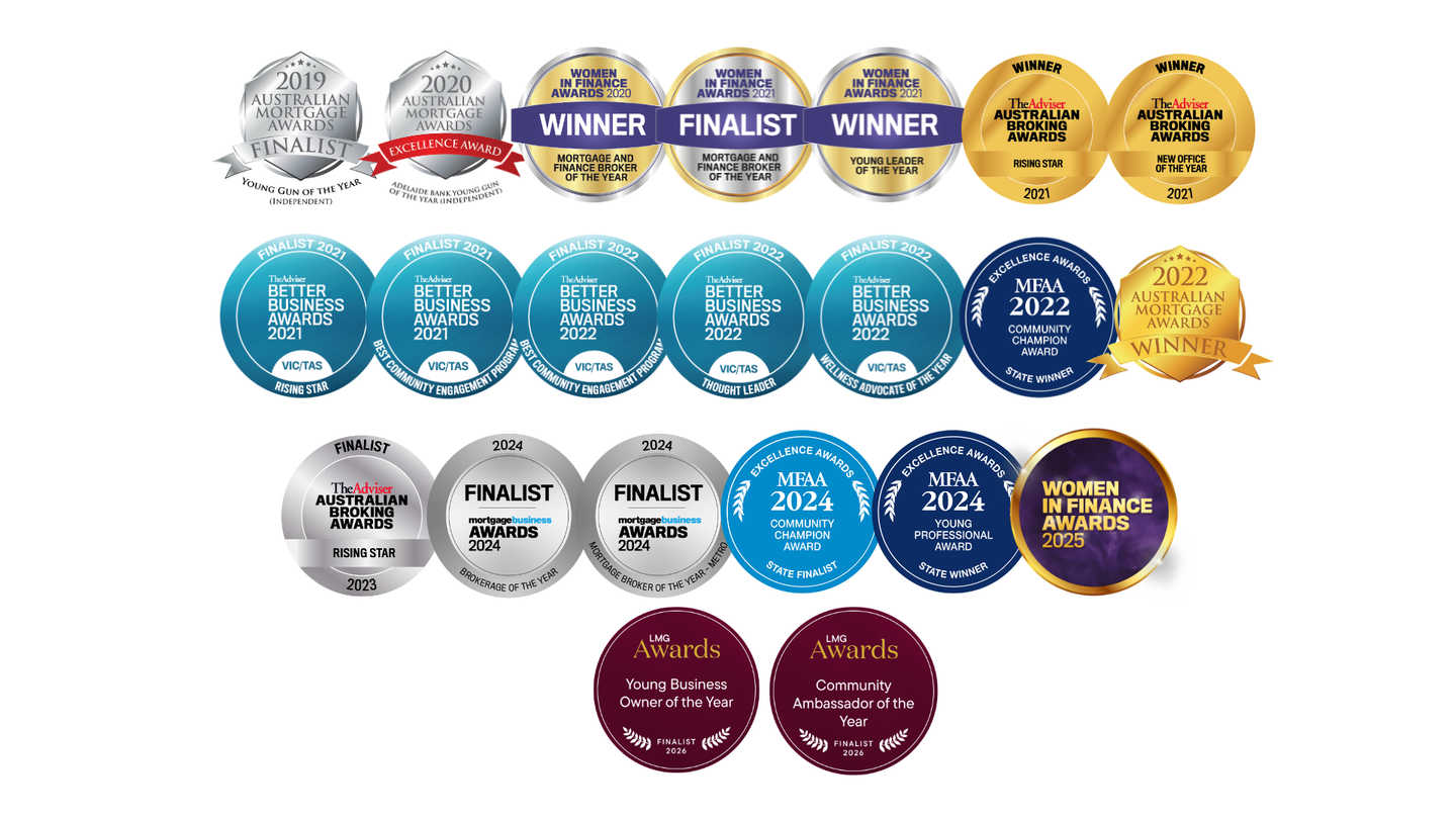 Rows of circular award badges and medal icons in silver, gold, blue, and maroon on a white background