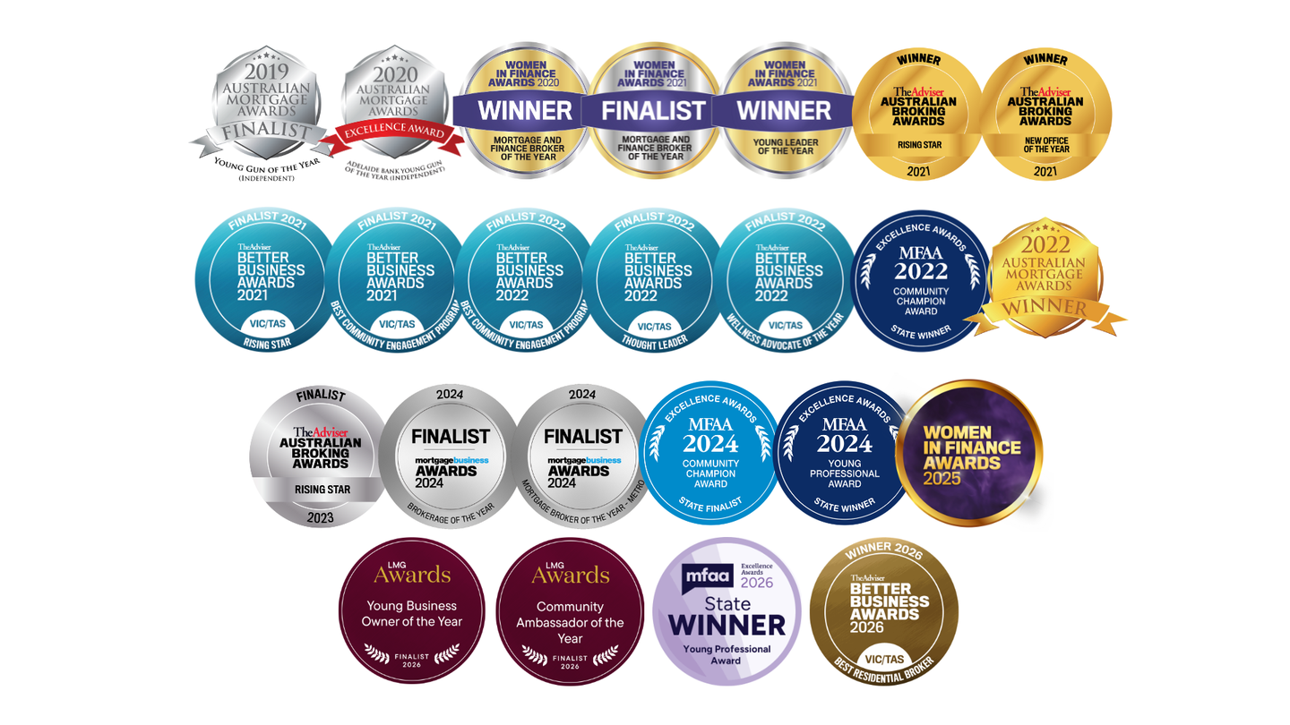 Rows of circular award badges and medal icons in silver, gold, blue, and maroon on a white background