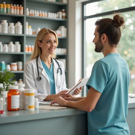 Il farmacista in camice bianco sorride mentre assiste un cliente in camicia blu al bancone della farmacia.