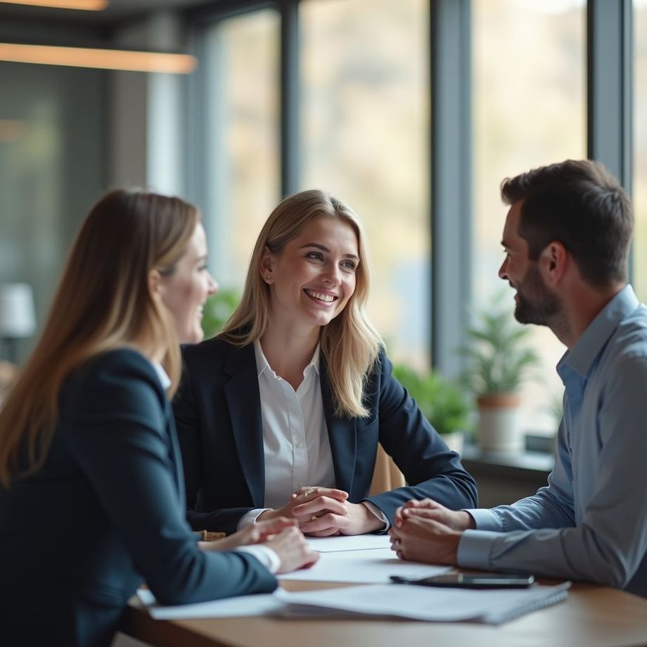 Tre colleghi sorridono e parlano attorno a un tavolo, in un ufficio.