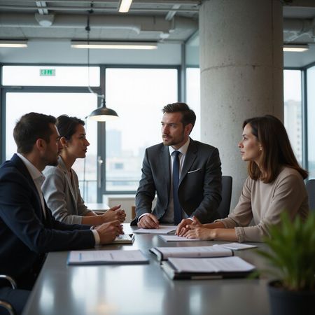 Quattro uomini d'affari seduti a un tavolo in un ufficio moderno sono impegnati a discutere.
