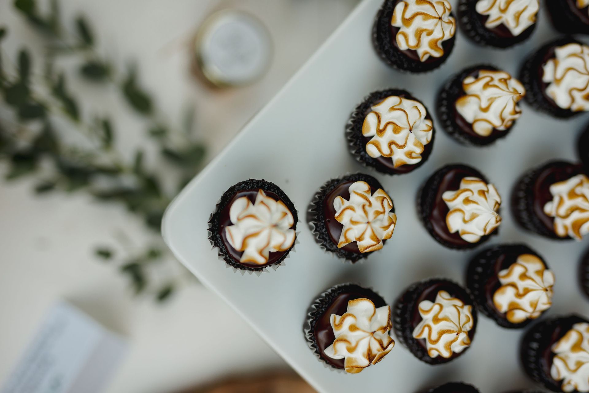 top view of s'mores cupcakes - chocolate cupcakes with toasted meringue topping