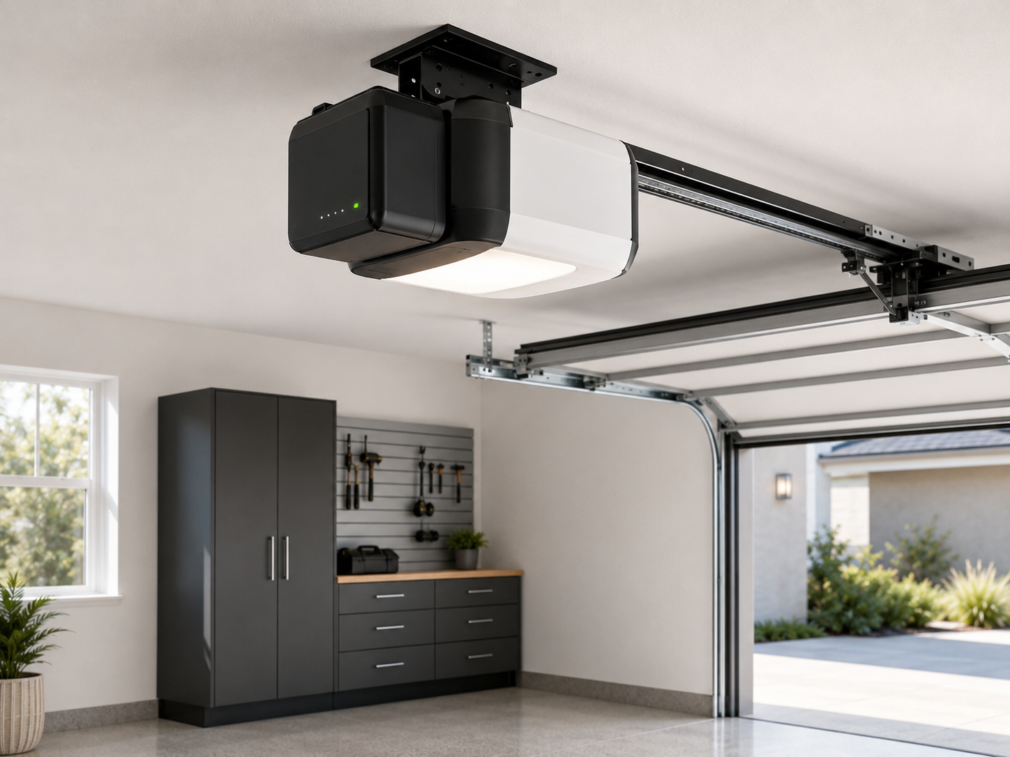 Modern garage with a black car lift, storage cabinets, workbench, and open garage door